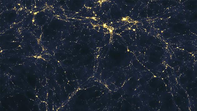 这是利用超级计算机模拟得到的“宇宙网络”示意图。可以看到星系和星系团几乎都“粘附”在这张巨大的时空网络上